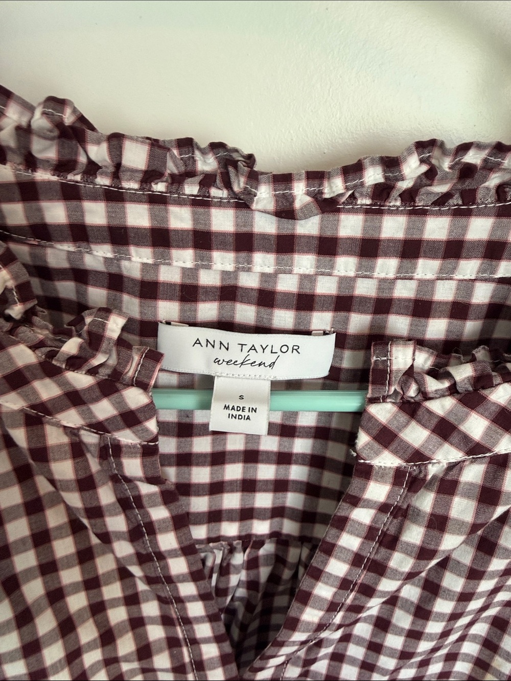 Ann Taylor Weekend Light Weight Long Sleeve 100% Cotton Blouse | Red Gingham - Picture 2 of 3